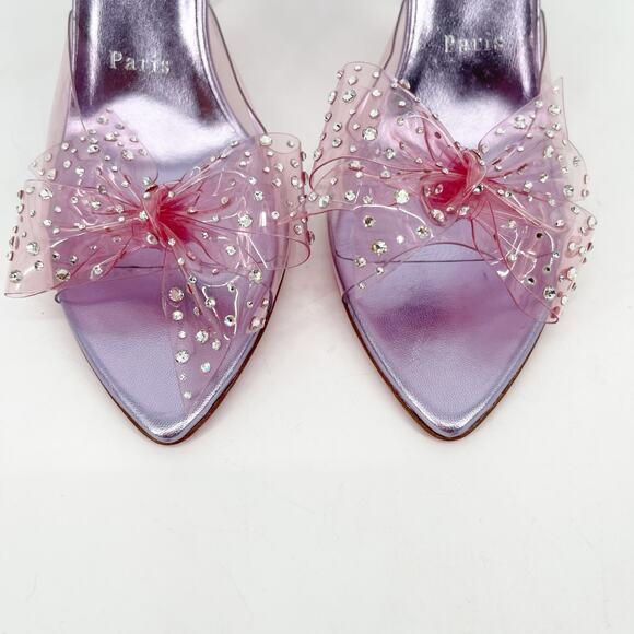 Christian Louboutin Aqua Strass PVC Pink Crystal Bow Pointed Toe Mules EU 37.5 - Picture 6 of 13